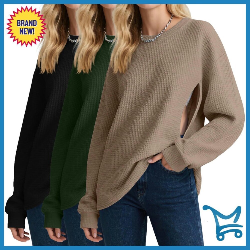 Oversized Nursing Tops 3 Pack Waffle Knit Zipper Sweatshirts Maternity